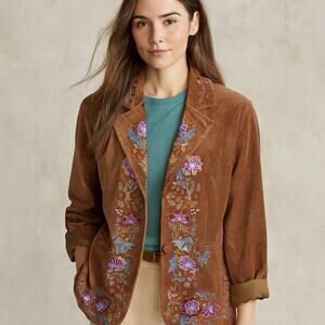 Vintage Saga Velvet Floral Embroidered Blazer Sz 12 Tan Southwestern Boho Retro